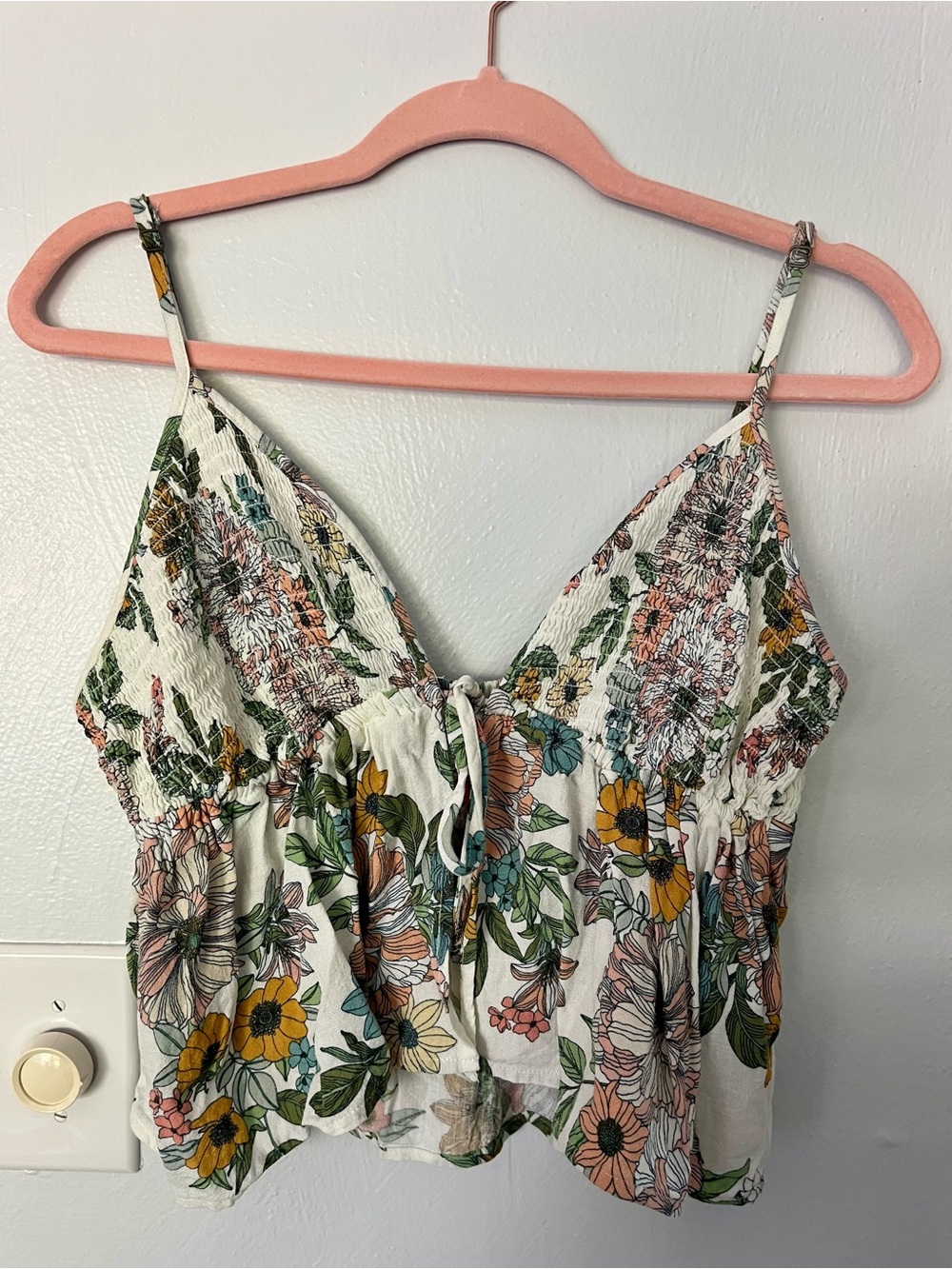 O’Neill Floral Smocked Tie Front Babydoll Tank Top - L